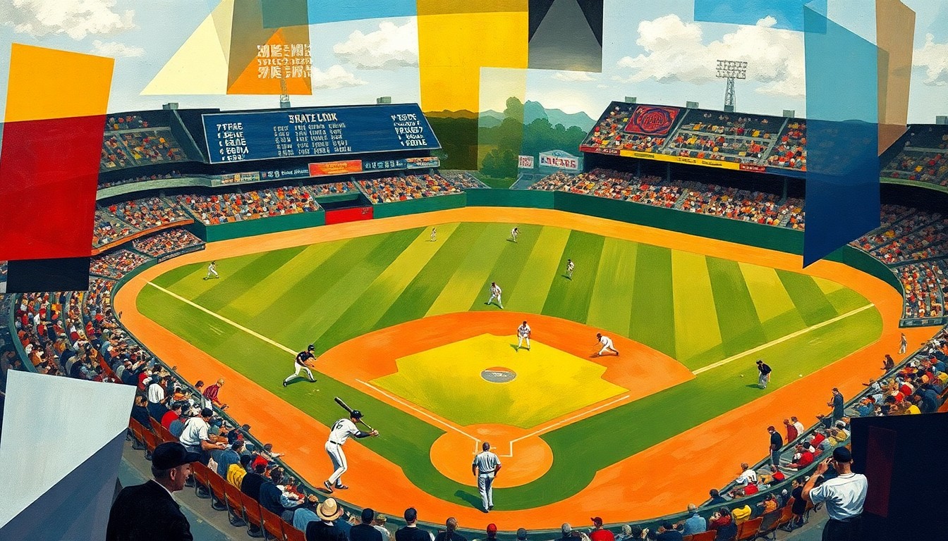 A cubist, geometric painting depicting a baseball game in abstract, fragmented shapes and planes of color, capturing the strategic complexity and dynamic movement of the sport.