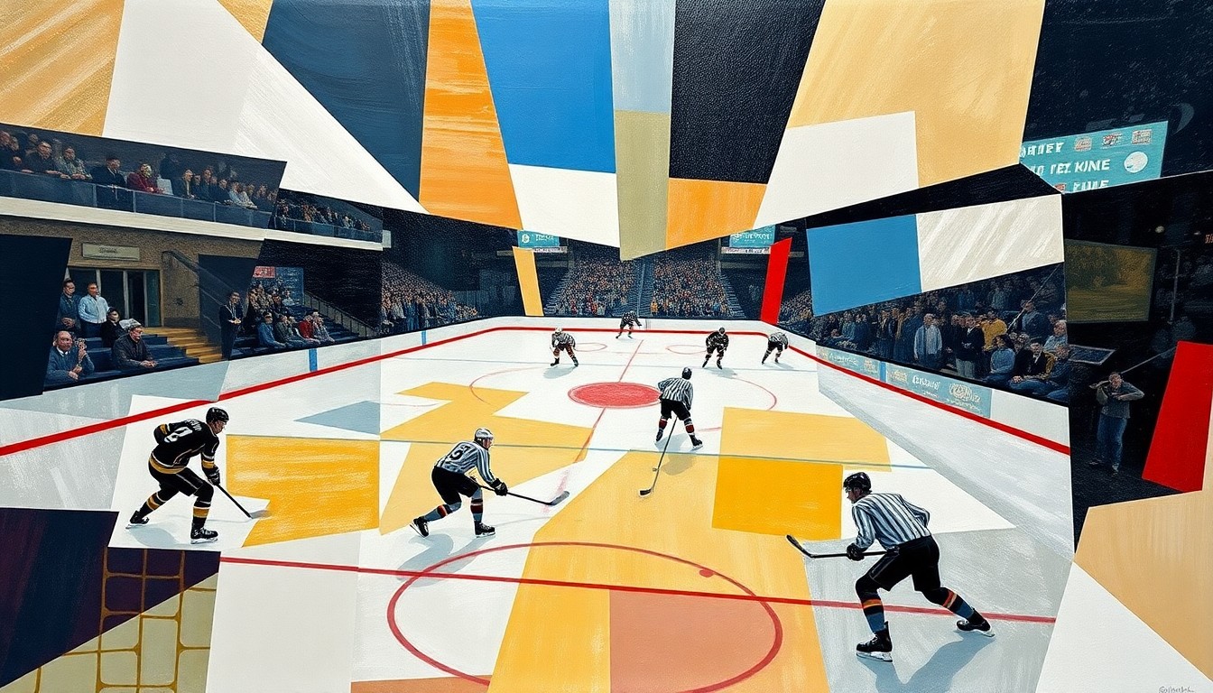 A cubist, fragmented painting depicting a hockey game, with players and the ice reduced to abstract geometric shapes and planes of color in a vibrant, energetic composition.