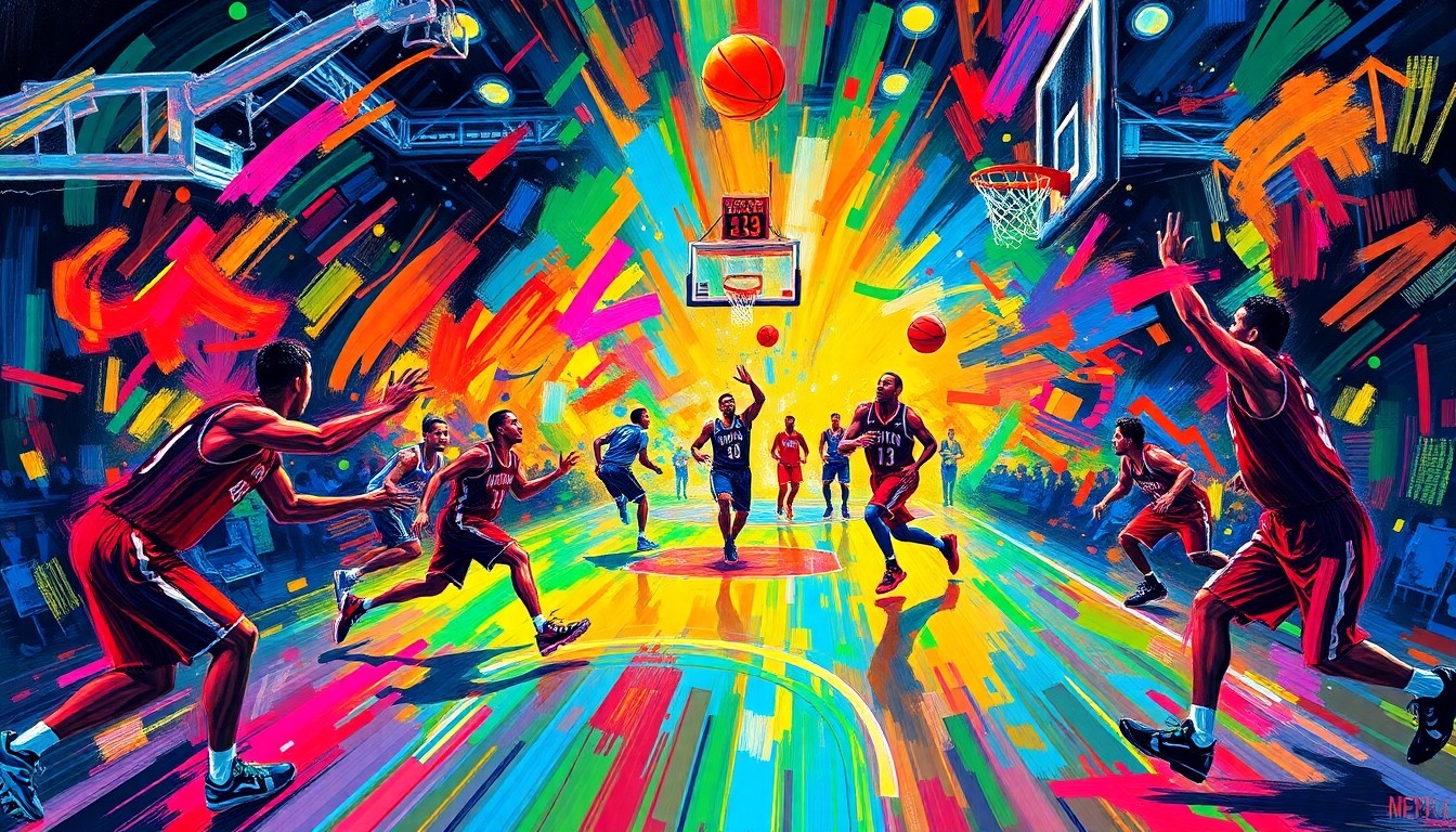 An abstract, expressionist painting in vibrant neon colors, capturing the dynamic energy and movement of a basketball game with indistinct figures and shapes representing players, the ball, and the court.