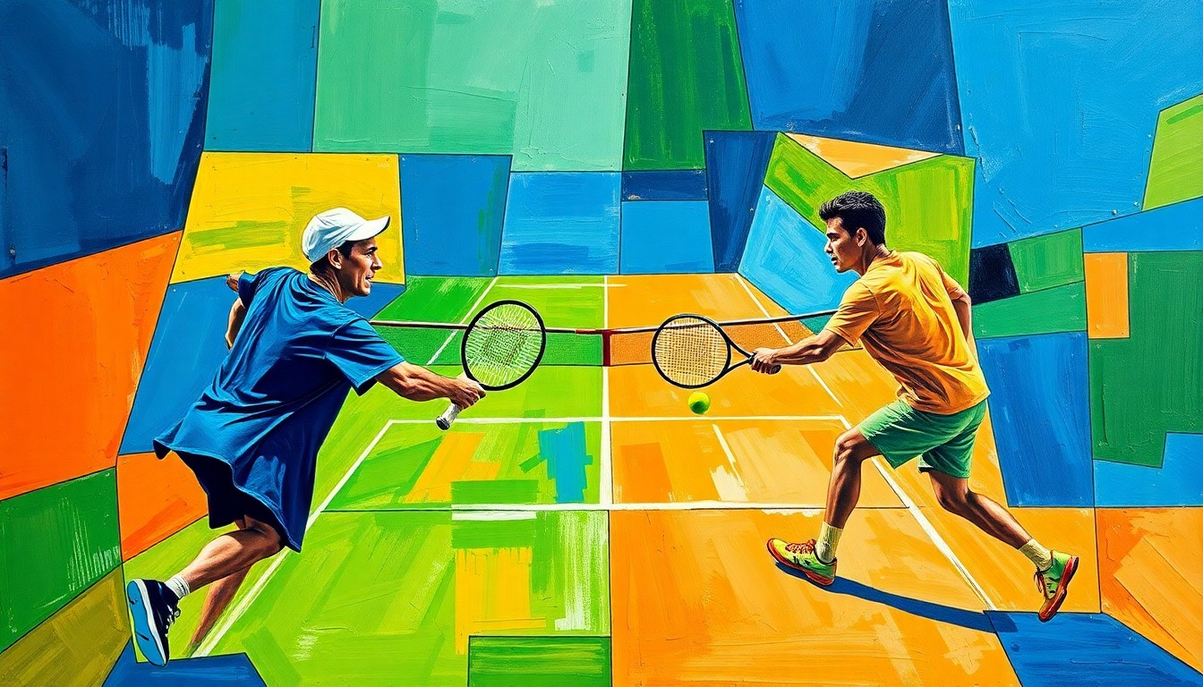 A cubist-style painting depicting a tennis match, with the players and court broken down into sharp, overlapping geometric shapes in vibrant colors, capturing the dynamic energy of the sport.