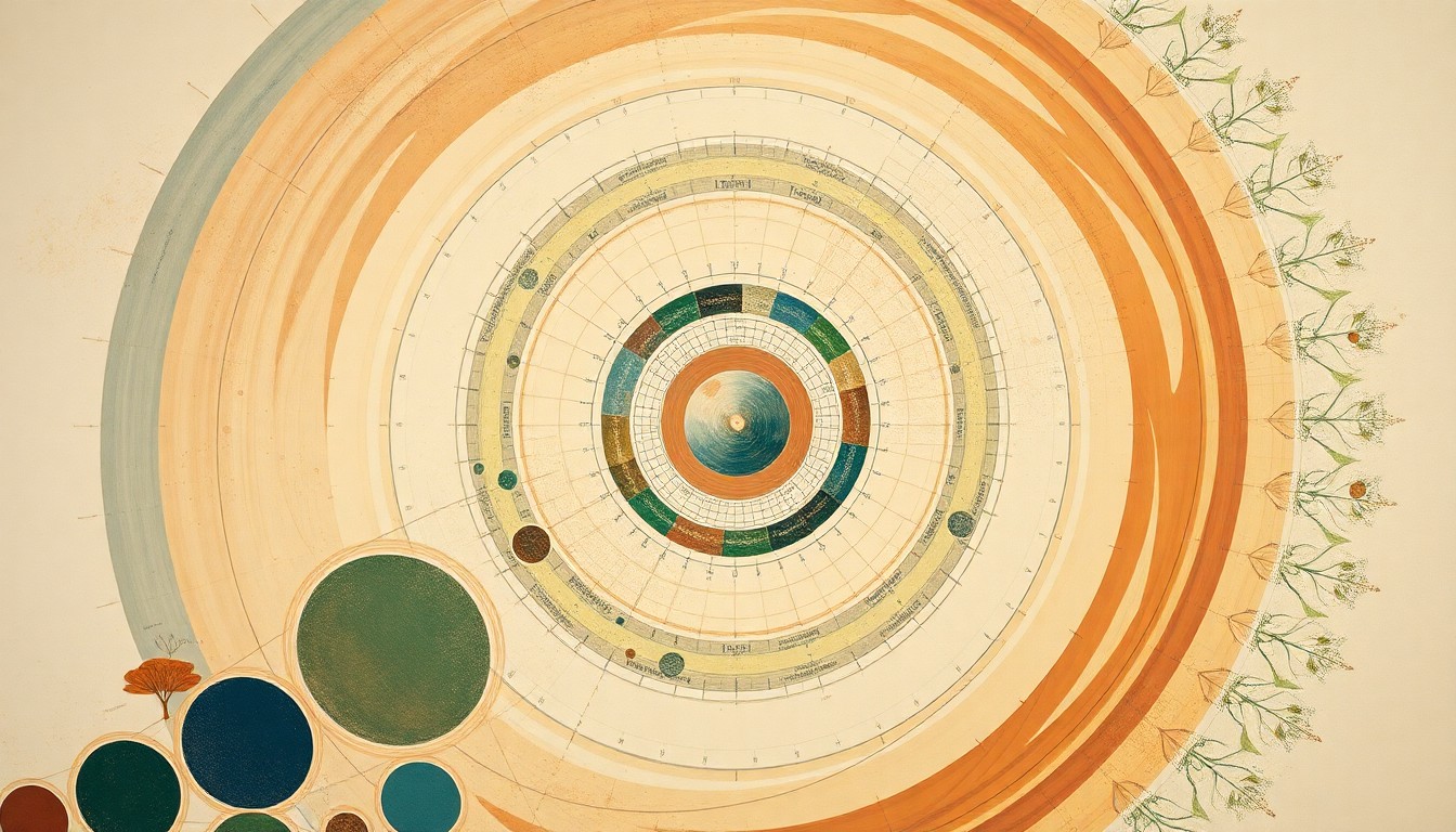 An abstract, highly structured painting in soft, earthy tones featuring sweeping geometric arcs, concentric circles, and precise botanical spirals, conceptually representing the complex interplay between the built environment and the natural world.