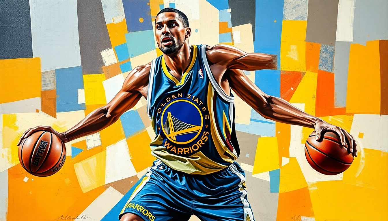 A fractured, geometric painting depicting the movements and actions of a basketball player, with the colors of the Golden State Warriors and Santa Cruz Warriors featured prominently, conceptually representing the journey of a young prospect chasing his NBA dreams.