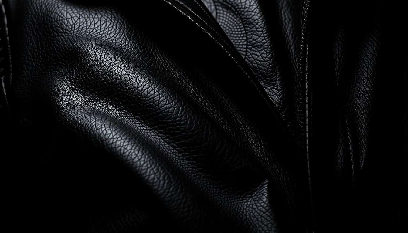An abstract close-up photograph of a high-end black leather texture, with dramatic lighting creating a glamorous, high-fashion aesthetic.