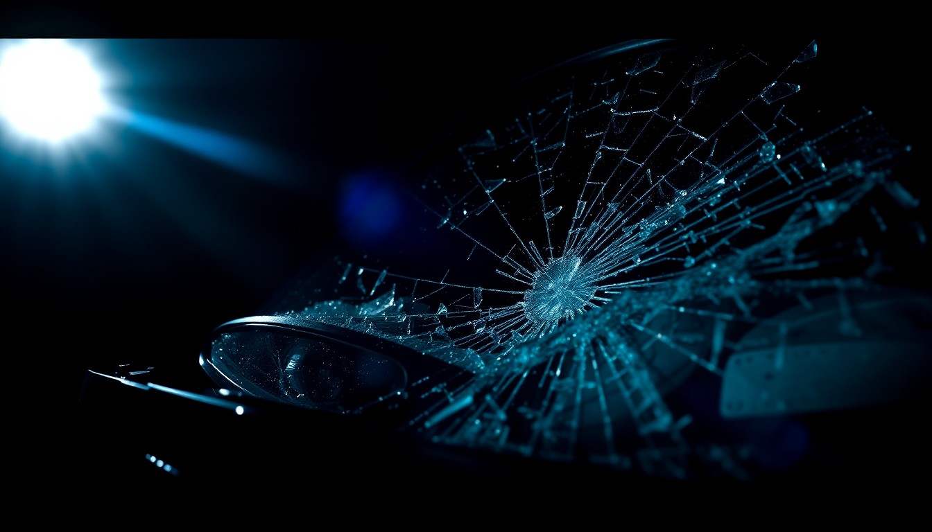 An extreme close-up photograph of a shattered car windshield or other damaged vehicle part, capturing the stark, gritty aftermath of a fatal crash in a conceptual, investigative style.