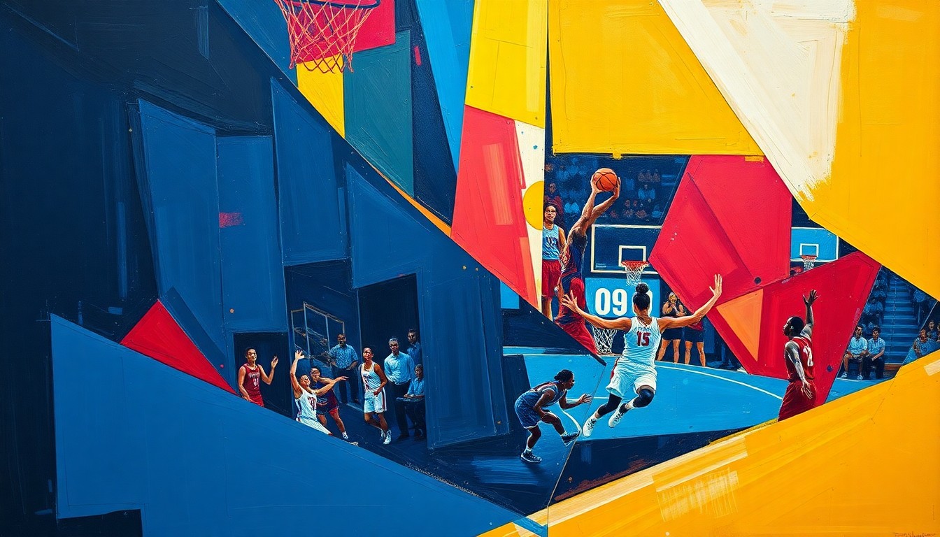 A cubist-style painting depicting a fragmented, multi-angled view of a women's basketball game, with sharp geometric shapes in navy, red, and gold conveying the dynamic energy and growth of the sport.