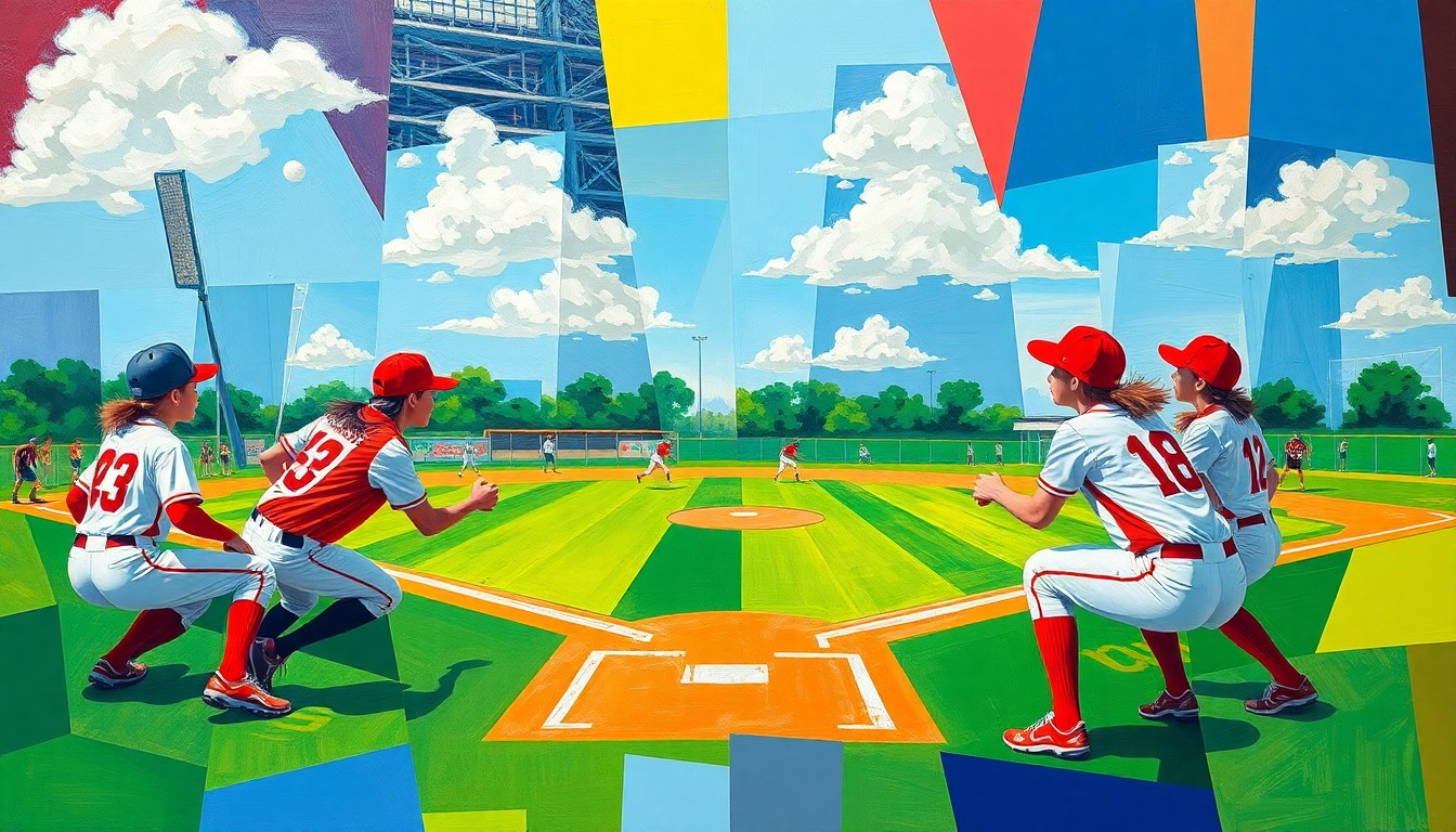 A fragmented, geometric painting in bold colors depicting the dynamic movements and competing perspectives of a high school softball game.