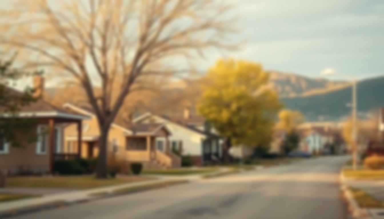 An abstracted, dreamlike photograph of a residential street in Cedar City, Utah, with blurred houses and trees in soft, earthy tones, conveying a sense of nostalgia and the changing character of the community.