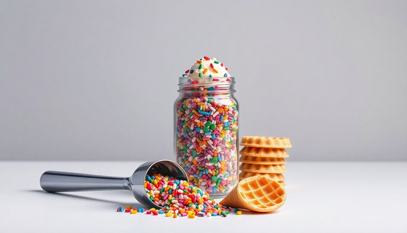A minimalist, photorealistic studio still life featuring a chrome ice cream scoop, a jar of colorful sprinkles, and a stack of waffle cones, symbolizing the joy and community spirit of a new small business venture.
