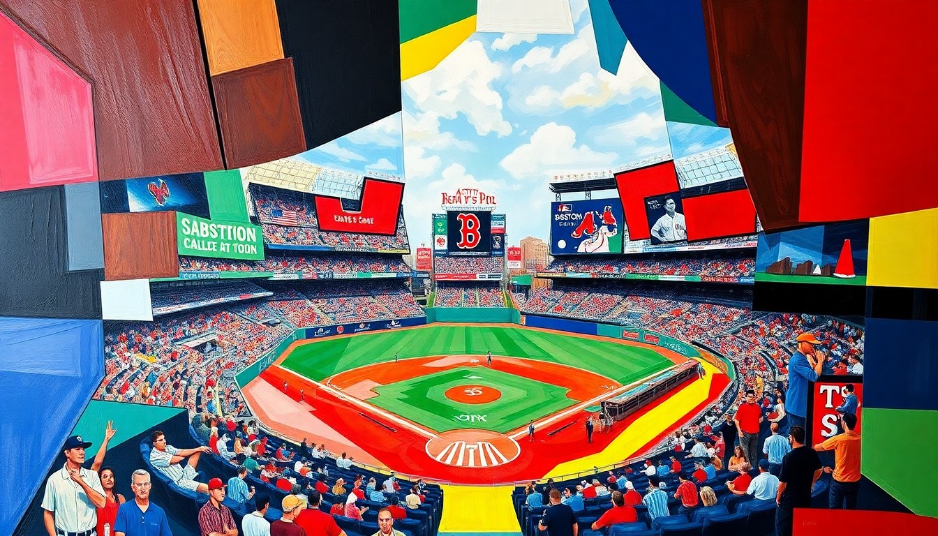 A cubist, geometric painting depicting a fractured, multi-angled view of a baseball game, with sharp planes of red, navy blue, and white representing the Boston Red Sox's team colors, conceptually illustrating the complex dynamics between team ownership and devoted fans.