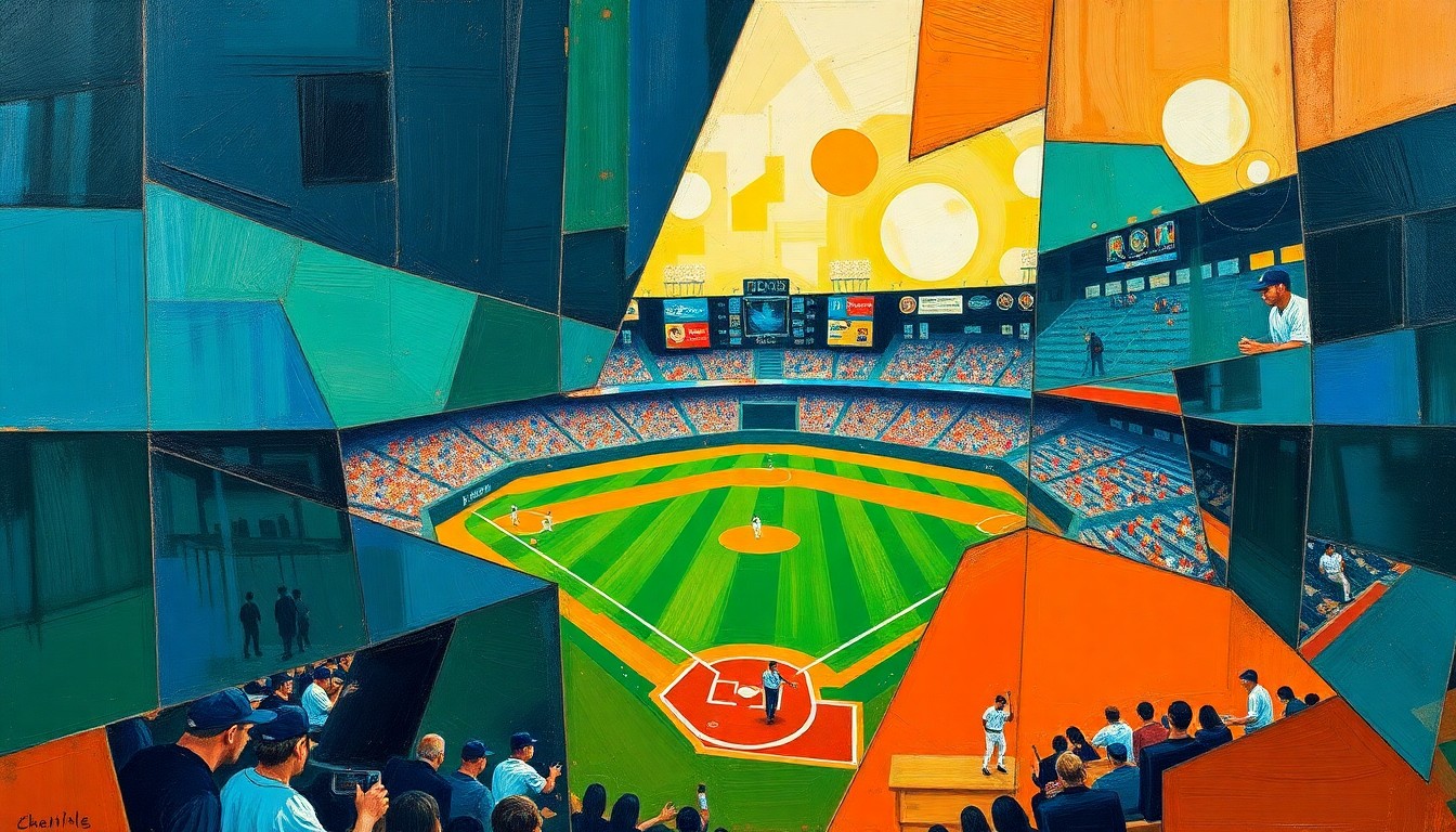 A cubist, geometric painting depicting a baseball game or match, with sharp, overlapping planes of color representing the dynamic action on the field.