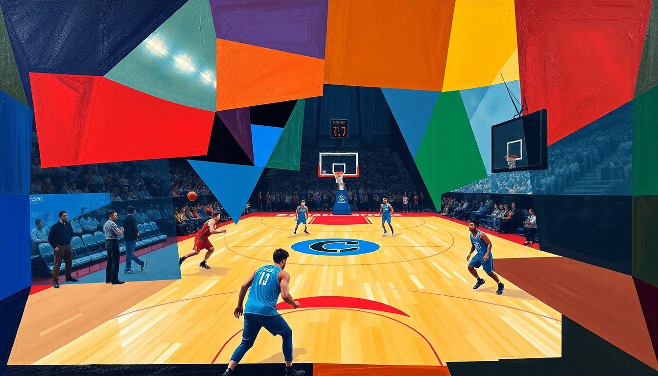 A fractured, abstract painting depicting a college basketball game, with the players and court broken down into sharp, overlapping geometric shapes and planes of vibrant colors like royal blue, crimson red, and forest green, conveying the complex dynamics of the transfer portal.