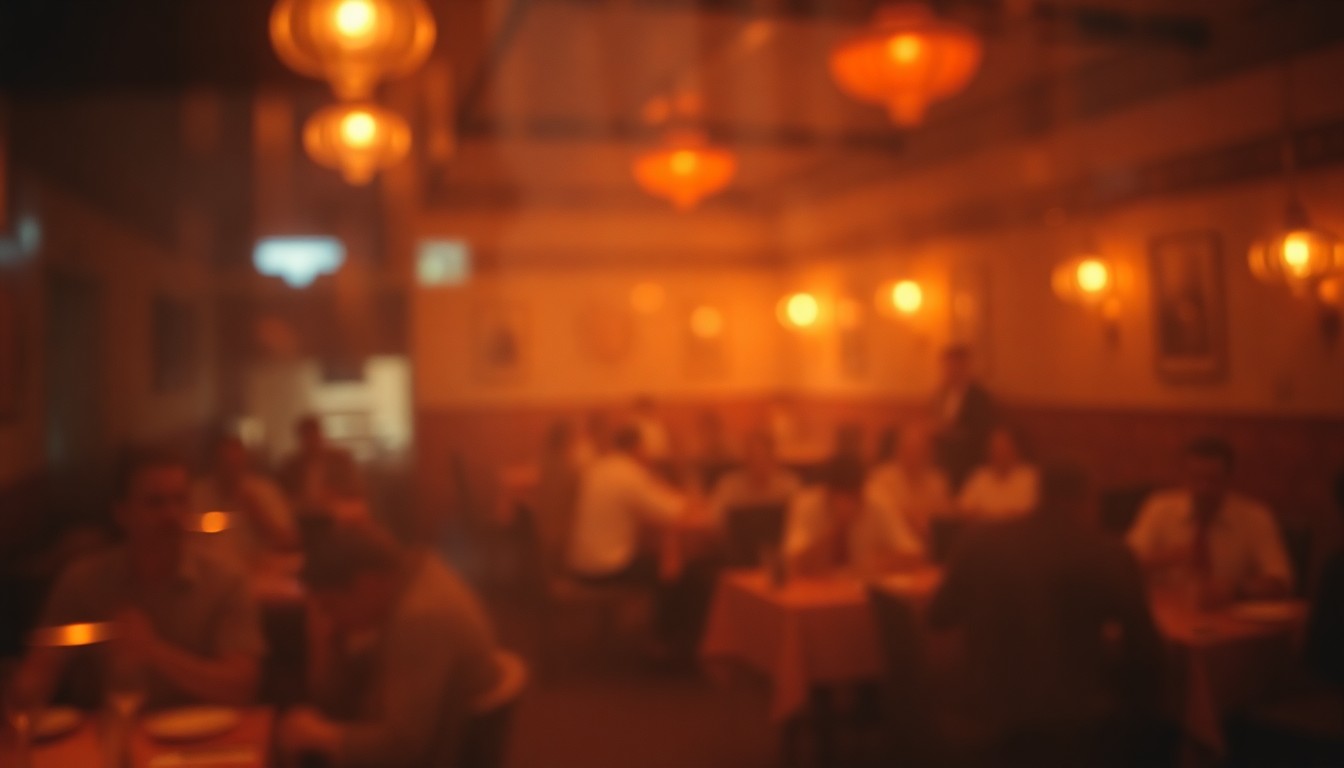 An impressionistic, out-of-focus scene of people dining at tables in a warm, dimly lit Italian restaurant, conveying a sense of cozy atmosphere and community.