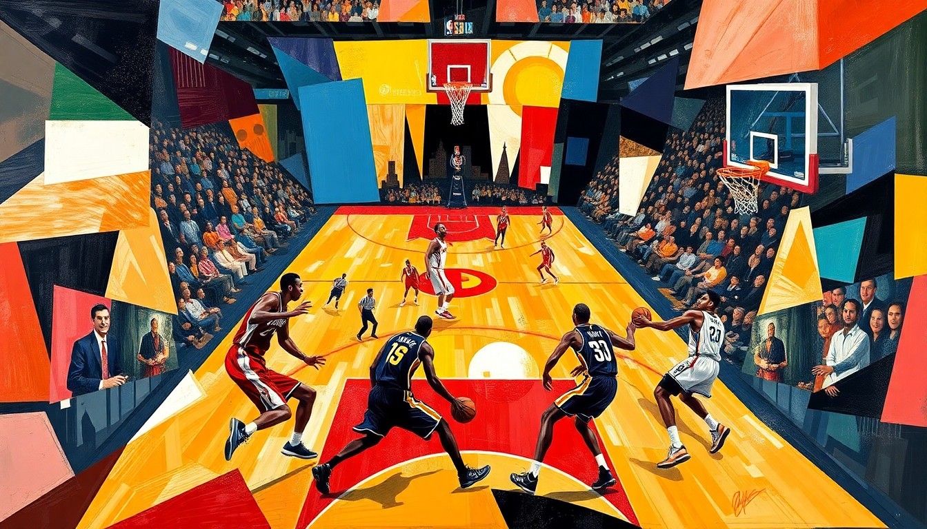 A cubist-style painting depicting a basketball game between the Houston Rockets and Utah Jazz, with the players' movements and the energy of the game captured through sharp, overlapping geometric planes in a vibrant color palette.