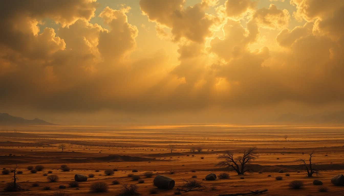 A vast, desolate landscape painting in muted earth tones, with a cracked, dry ground stretching out to the horizon under a hazy, overcast sky, conveying the mood of a severe drought and the need for proactive water conservation measures.