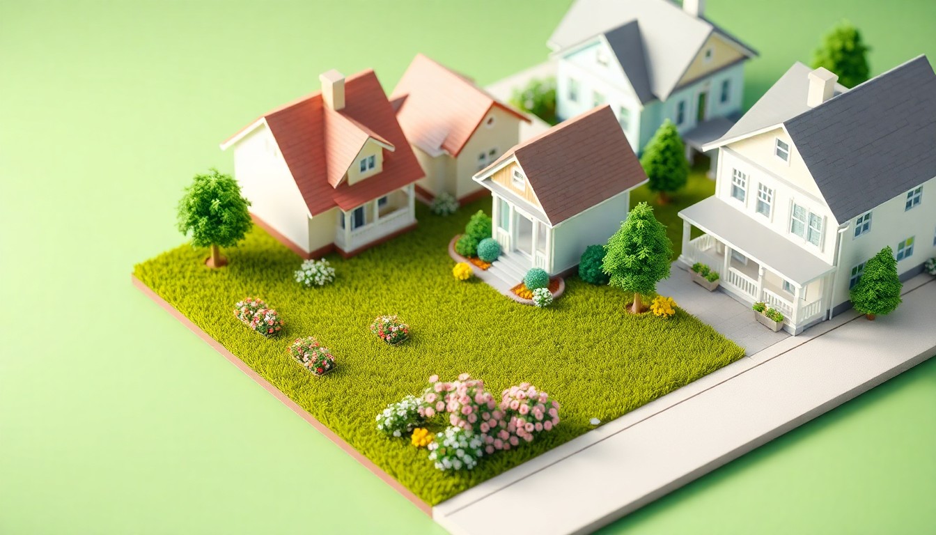 A detailed, isometric 3D digital illustration depicting a well-maintained residential yard with lush greenery, blooming flowers, and a sense of community pride and local business success.