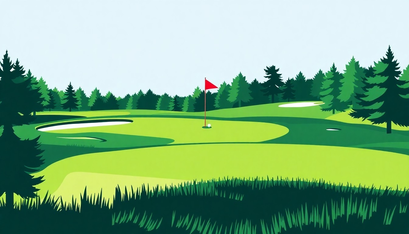 An abstract, minimalist illustration featuring jagged, geometric shapes in shades of green and blue, conceptually representing the renovated fairways and greens of a golf course.