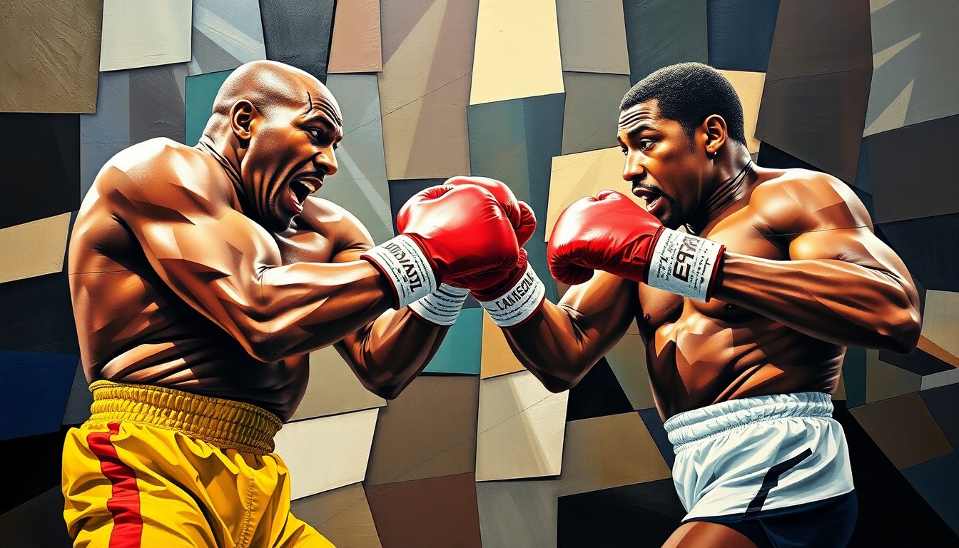 A fractured, multi-perspective painting depicting the intense physicality of a heavyweight boxing match, with sharp geometric planes representing the powerful punches and movements of the fighters.