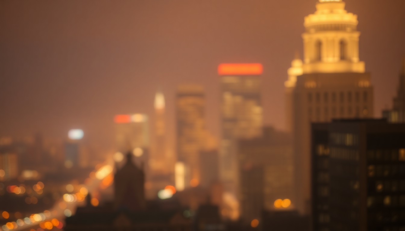 An abstract, impressionistic photograph in soft, warm tones depicting the blurred silhouettes of buildings and glowing lights, conceptually representing the growing culinary reputation of a Midwestern city.