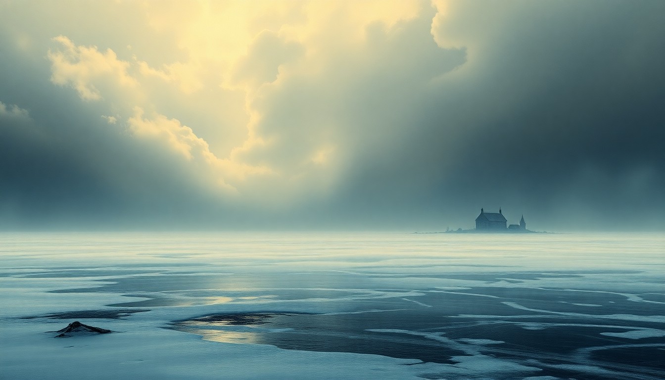 A vast, atmospheric landscape painting depicting a frozen, desolate pond under a dramatic, moody sky, conveying the overwhelming scale and power of nature.