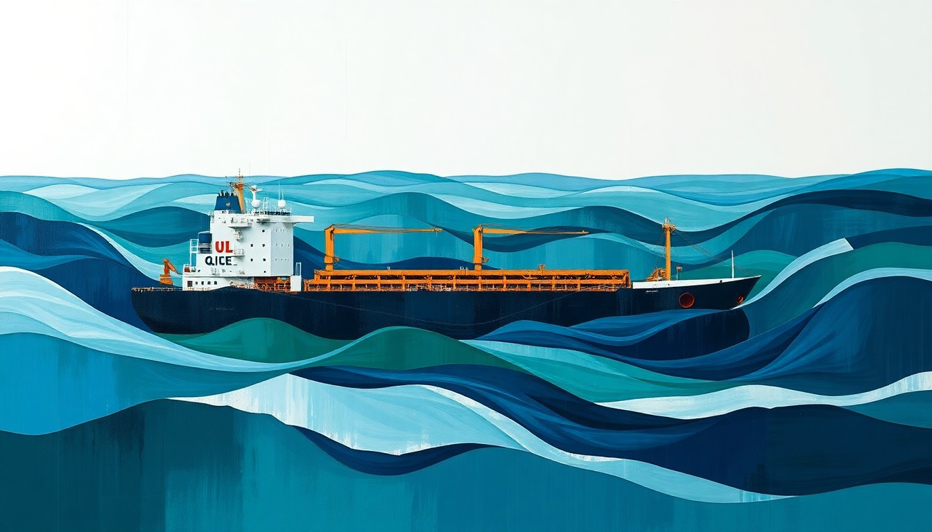 A highly stylized, fractured painting depicting an oil tanker ship in overlapping geometric shapes and waves of deep blues, greens, and grays, conveying a sense of the tangled, high-stakes drama surrounding Cuba's energy crisis.