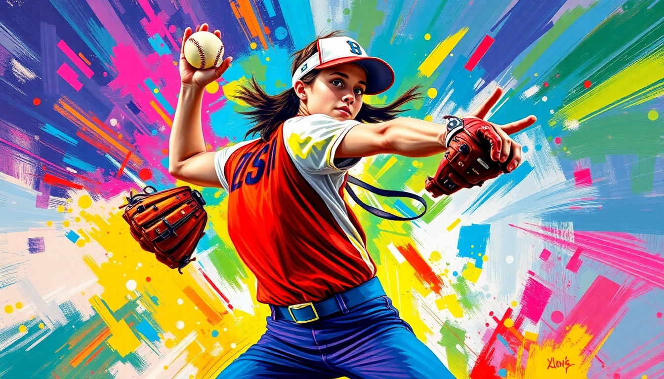 An abstract, expressionist painting in vibrant neon colors depicting the explosive motion and energy of a high school softball pitcher in the midst of their delivery.
