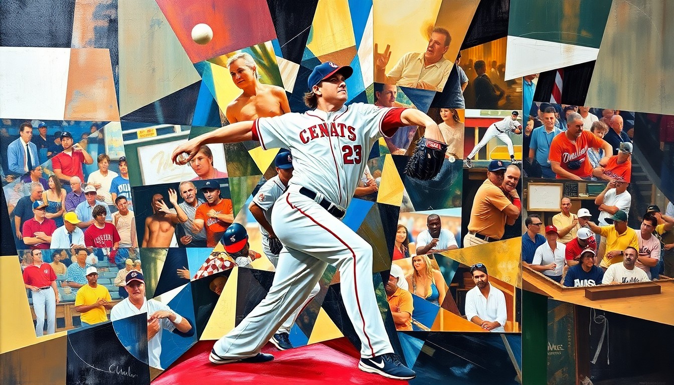 A cubist-style painting depicting a baseball pitcher's motion broken down into sharp, overlapping geometric shapes and planes, conveying the strategic intensity and mental focus of a high-pressure game.