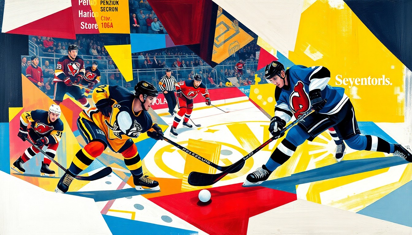 A dynamic, geometric painting in the style of Pablo Picasso, featuring overlapping planes of color and angular shapes representing the fast-paced action of a hockey game between the Pittsburgh Penguins and New Jersey Devils.