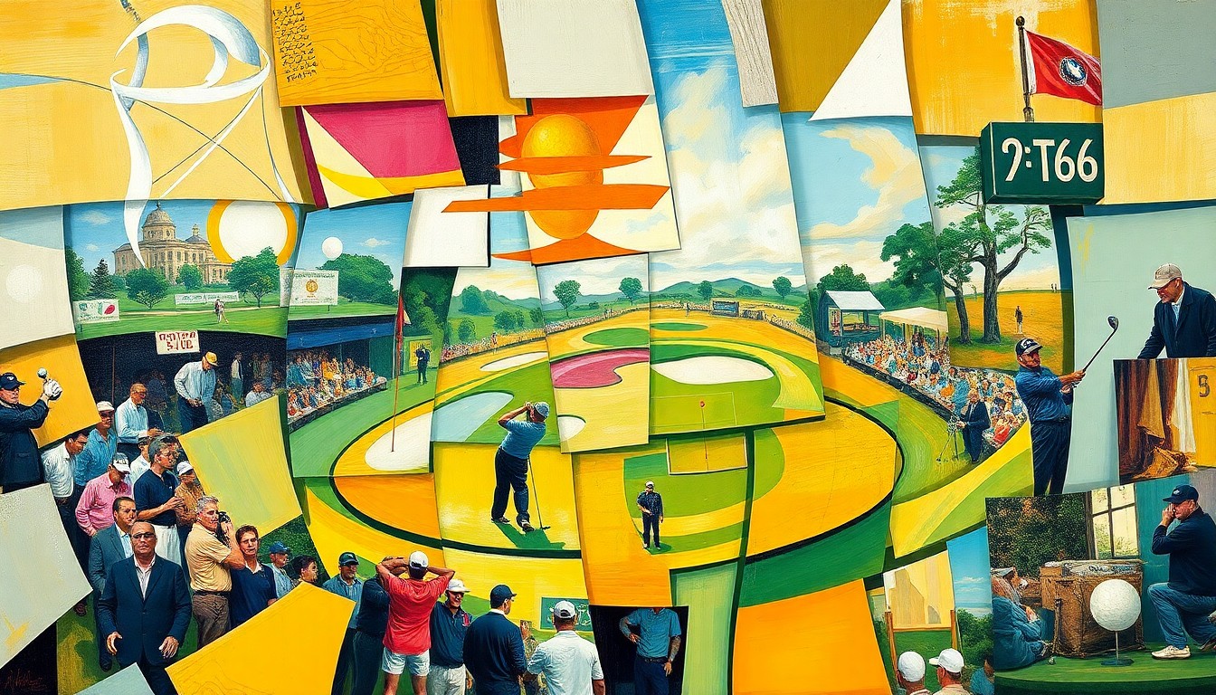 A cubist, geometric painting depicting a fragmented, multi-perspective view of a golf tournament or match, with sharp, overlapping planes of color and form representing the dynamic nature of the new 'Your Golf Tour'.