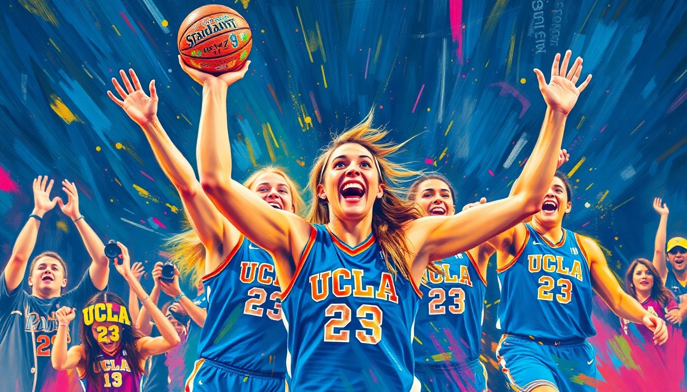 An abstract, energetic painting in neon colors and bold brushstrokes, capturing the celebratory spirit and athletic prowess of the UCLA women's basketball team's championship win.