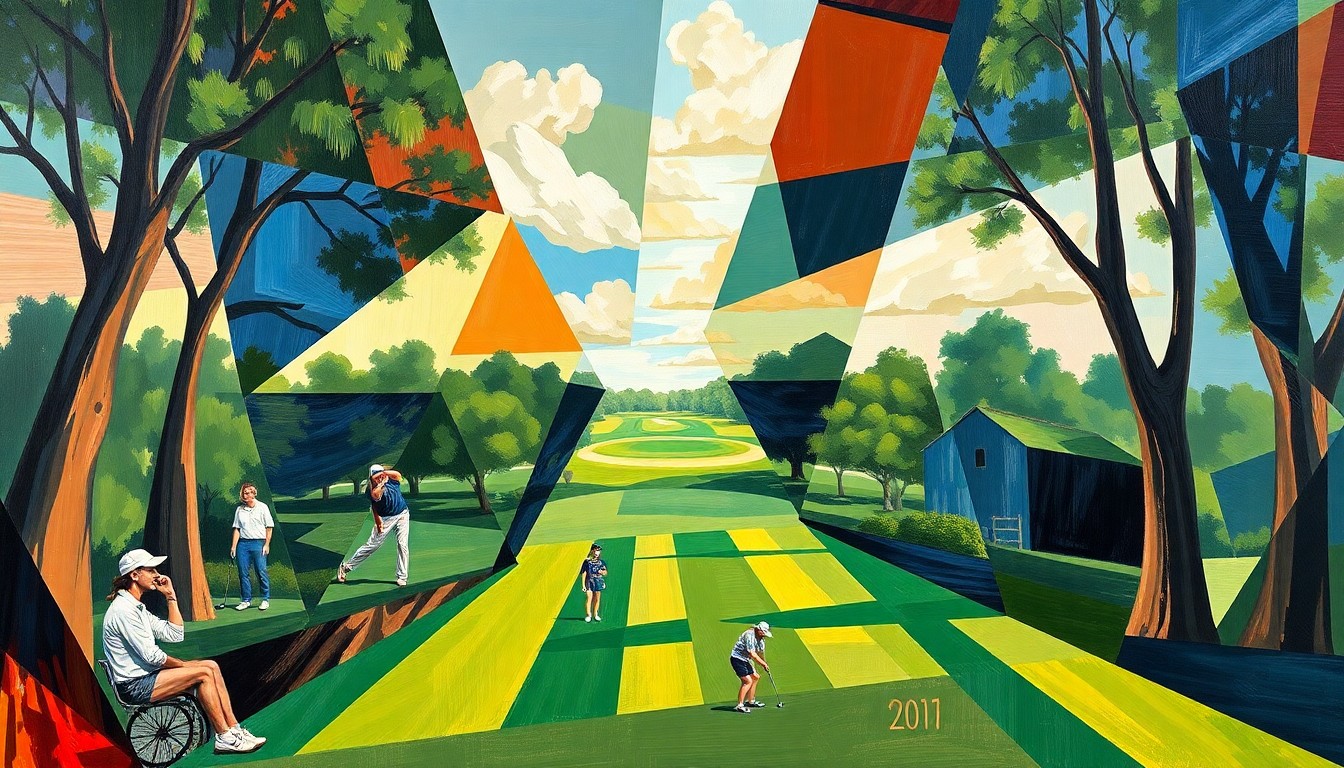 A fragmented, cubist-style painting depicting a women's golf tournament at Memorial Park Golf Course, with sharp, overlapping geometric shapes and planes representing the dynamic energy and shifting perspectives of the event.