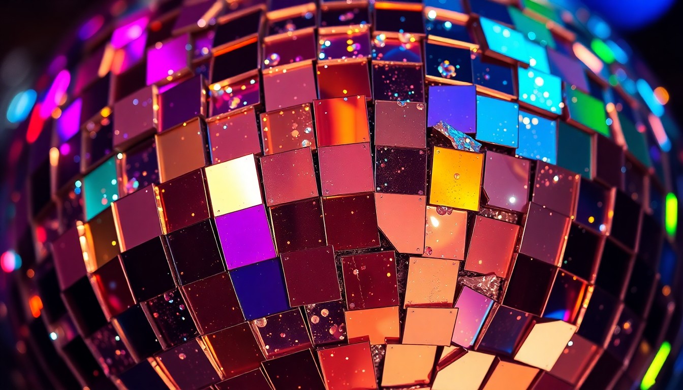 An extreme close-up of shattered disco ball fragments reflecting a spectrum of bright, colorful lights, capturing the glamour and energy of Coachella's 25th anniversary festival.