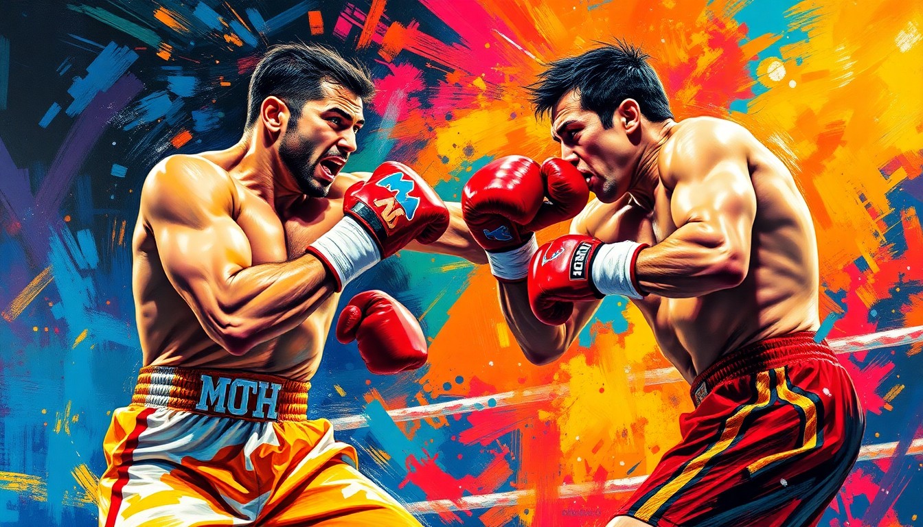 An energetic, abstract painting featuring bold, neon-colored brushstrokes that capture the dynamic movements and intensity of a boxing match, conveying the excitement and spectacle of the upcoming fight between Feargal McCrory and Mark Magsayo.