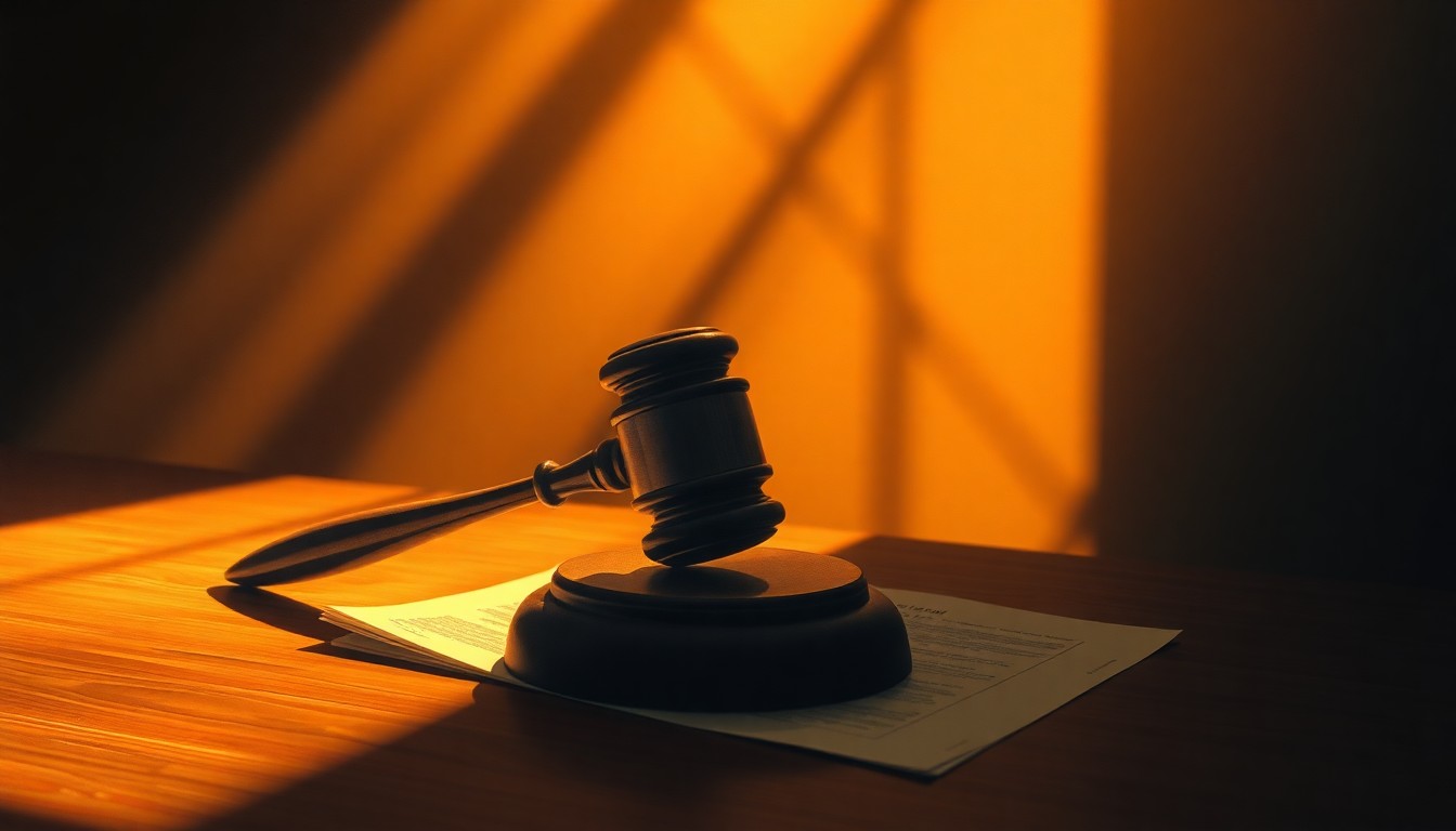 A dimly lit, cinematic painting depicting a solitary legal document or gavel resting on a wooden surface, with warm, diagonal sunlight casting deep shadows across the scene, conveying the emotional weight and complexities of inheritance disputes.