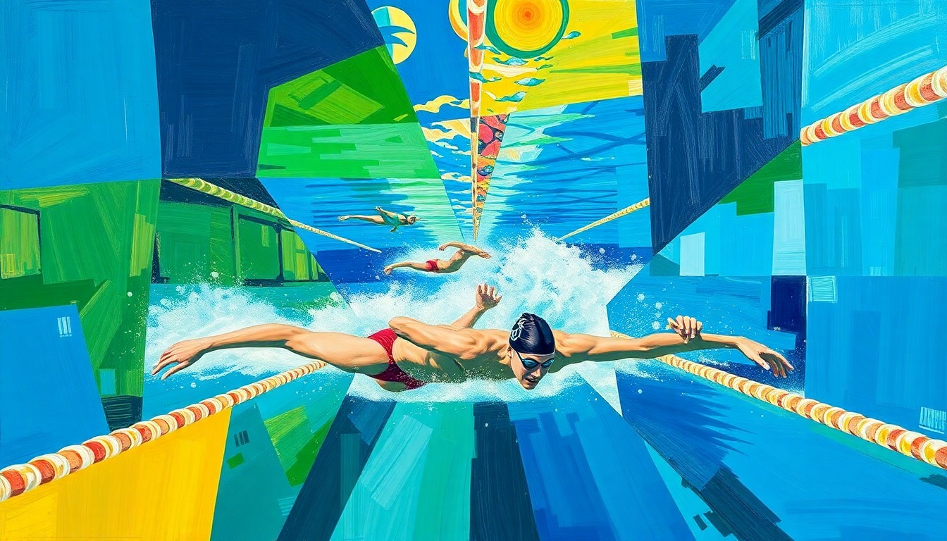A cubist-style painting depicting a college swimming competition, with the athletes and pool broken down into sharp, overlapping geometric shapes in vibrant shades of blue, green, and gold.
