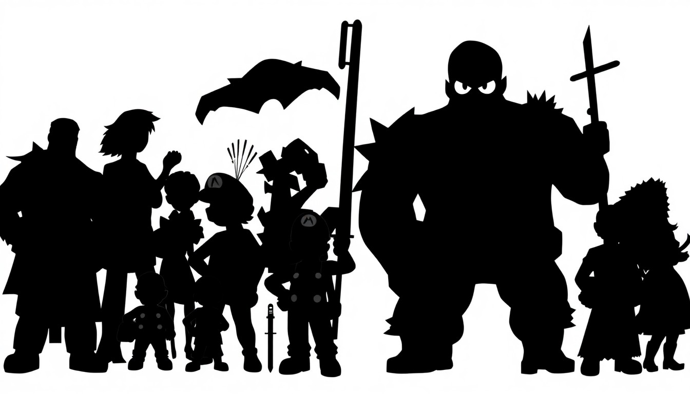 An abstract, minimalist illustration featuring sharp, angular cut-out shapes in contrasting black and white, conceptually representing the varied cast of Nintendo characters and the company's deliberate approach to its cinematic universe.