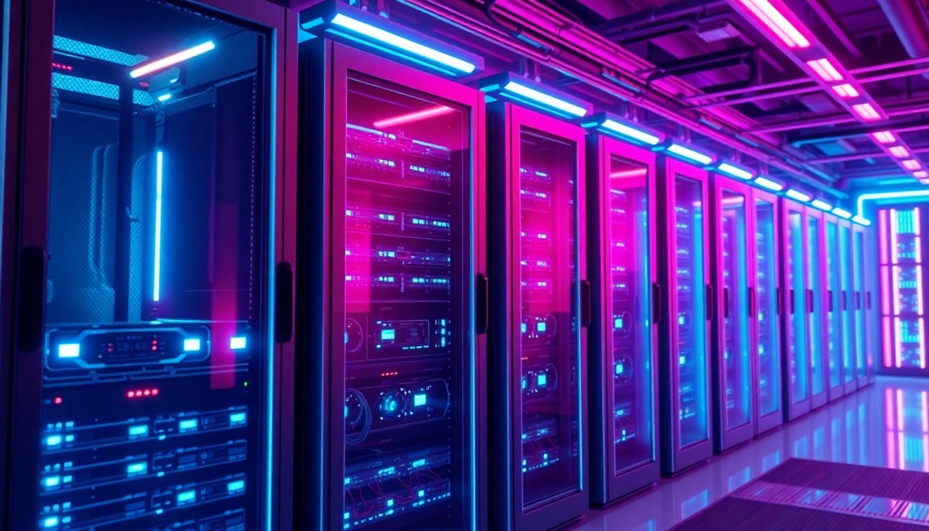 A highly detailed, glowing 3D illustration of a futuristic, neon-lit data center server rack, representing the complex digital infrastructure and corporate machinations behind the gaming industry.