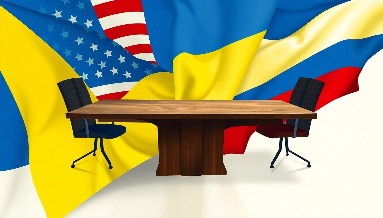 A dynamic, abstract painting depicting a negotiation table with the flags of the US, Ukraine, and Russia overlapping and repeating in a fractured, geometric style, conveying the complexity and uncertainty of the ongoing peace talks.