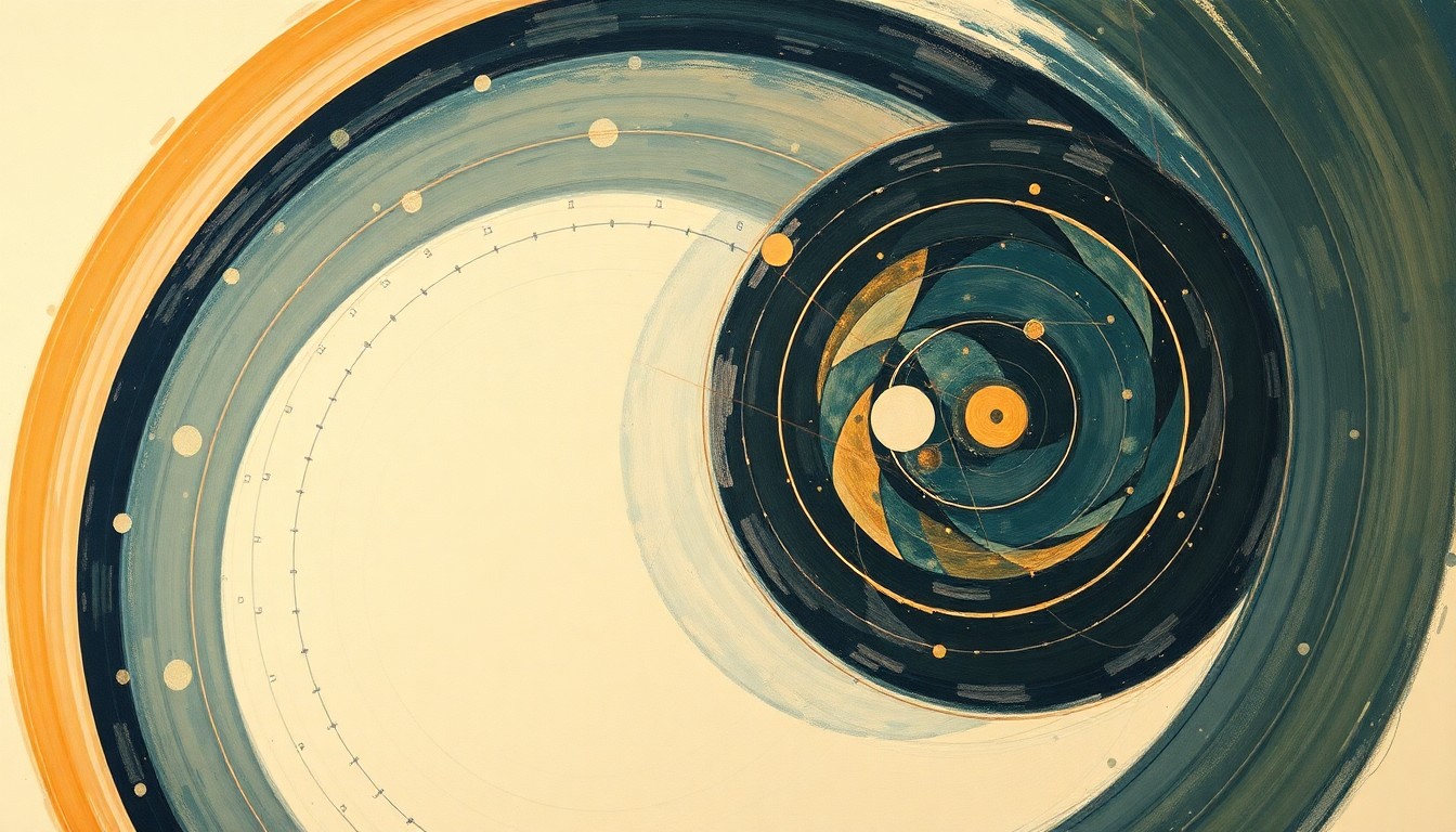 A highly structured abstract painting featuring sweeping geometric arcs, concentric circles, and precise spirals in soft, flat colors against a clean background, conveying the structural order and intricate forces of the quantum world.