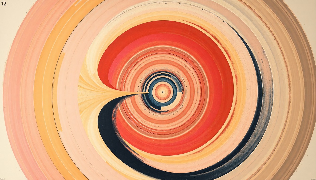 A bold, abstract painting in the style of Hilma af Klint, featuring sweeping geometric arcs, concentric circles, and precise spirals in soft, flat colors against a clean background, representing the complex scientific forces and concepts behind fusion energy.