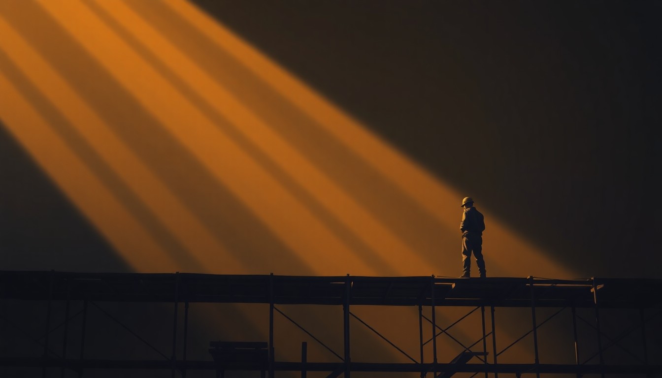 A solitary construction worker standing on a partially built scaffolding, the scene bathed in warm, cinematic lighting and deep shadows, conveying a sense of quiet contemplation around the challenges of wage enforcement in the building trades.