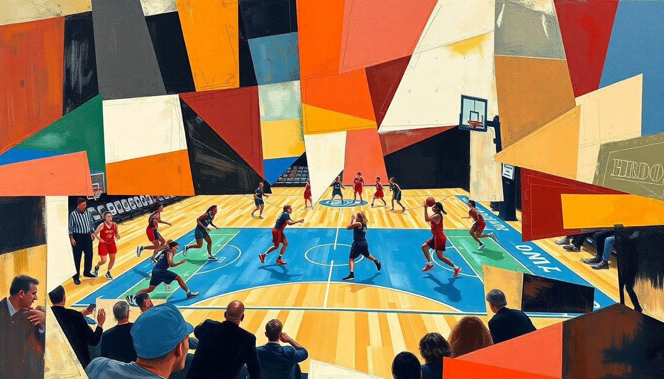 A cubist, geometric painting depicting a fragmented women's basketball game, with players and court broken down into abstract shapes and planes of color, conveying a sense of dynamic motion and energy.