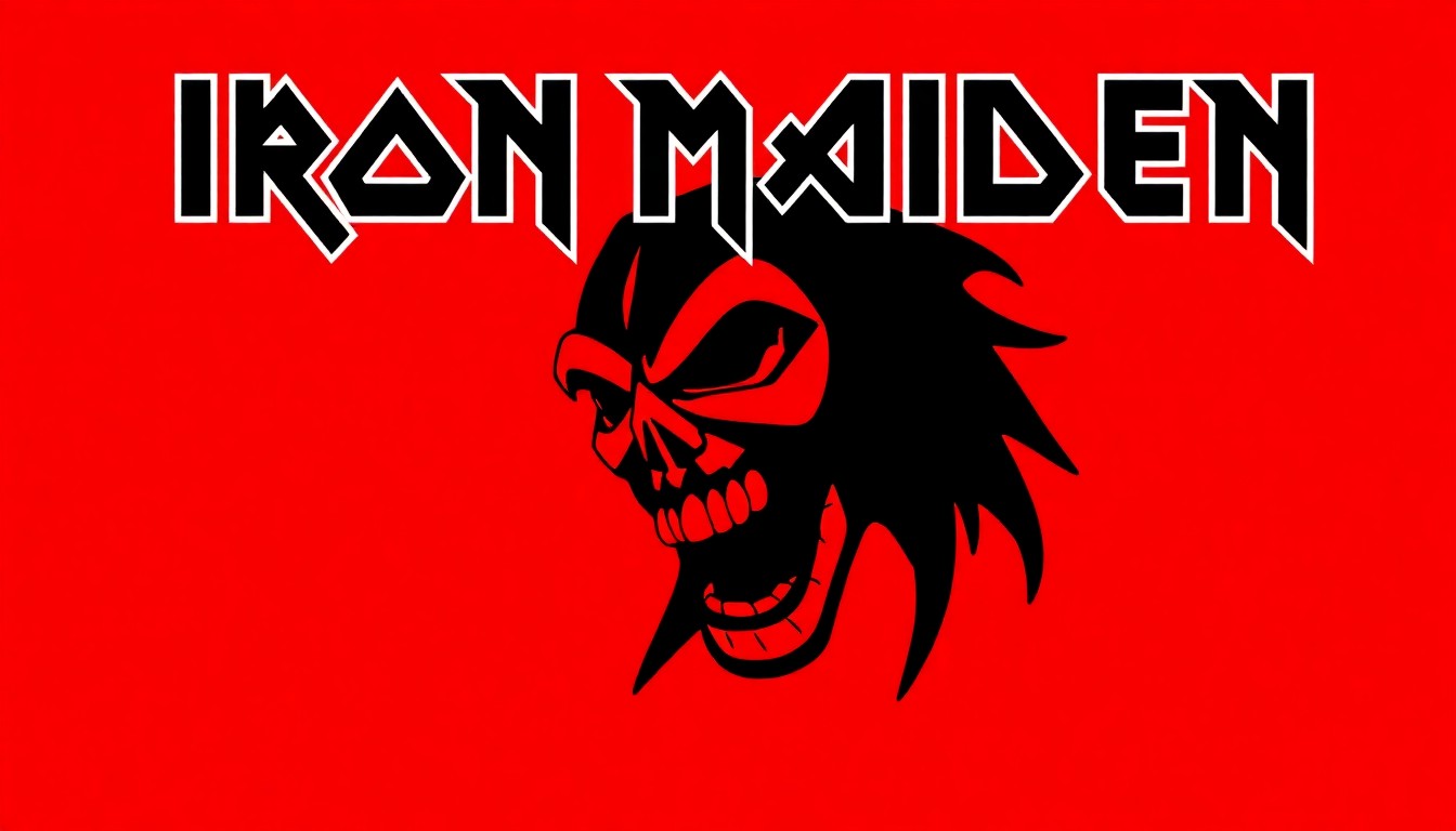 A striking black silhouette of the Iron Maiden mascot 'Eddie' set against a bold red background, conveying the raw power and intensity of the band's heavy metal music.
