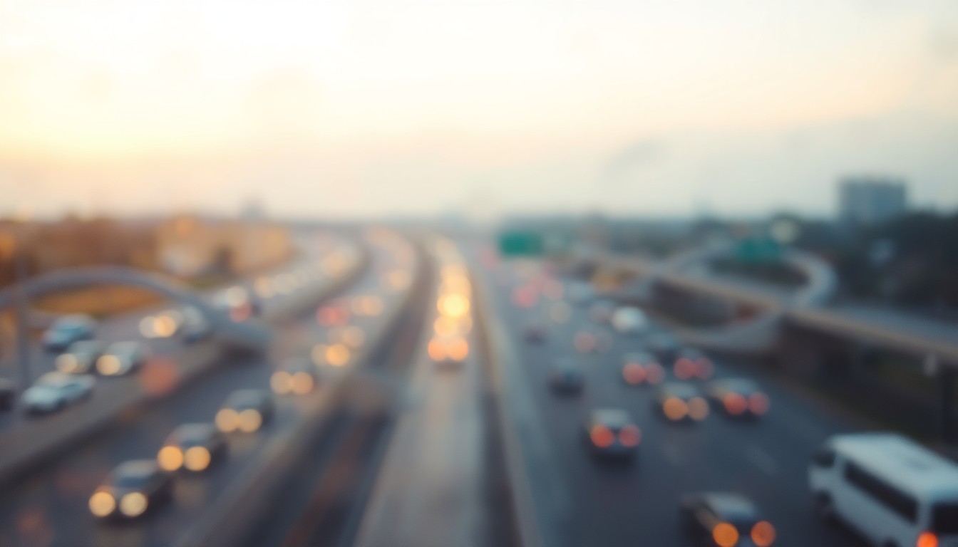 An impressionistic, out-of-focus photograph showing the blurred silhouettes of cars and trucks moving through a busy highway interchange at dusk, with soft, warm pools of amber and blue light creating a dreamlike, atmospheric scene.