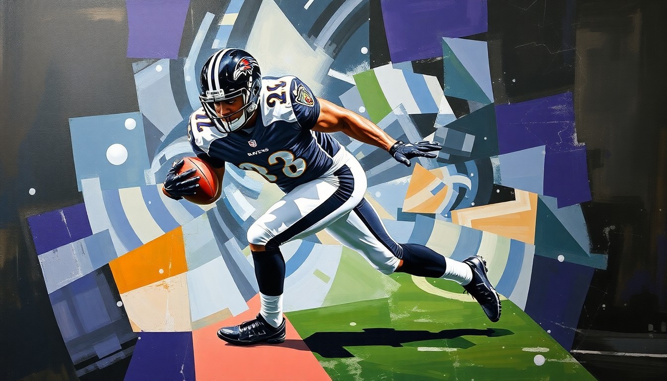 A fragmented, cubist-style painting depicting a Ravens defensive player making a tackle, with the player's form broken down into sharp, overlapping geometric shapes and planes, capturing the raw energy and intensity of the sport.