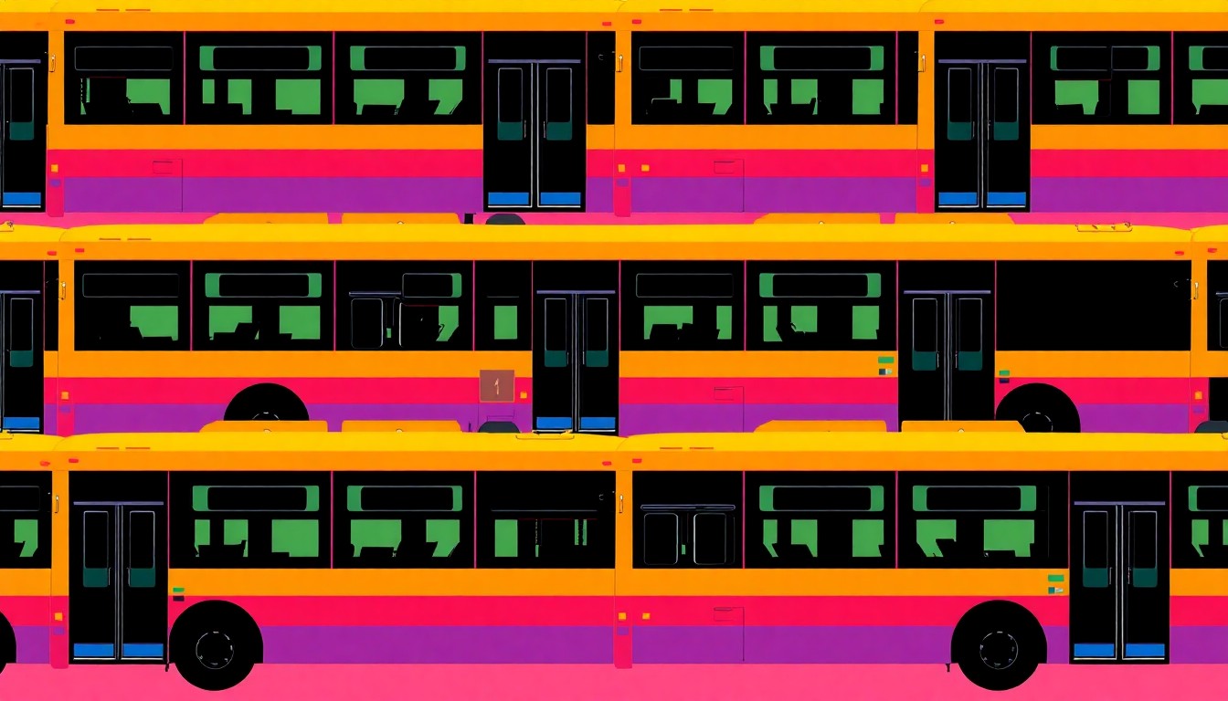 A bold, colorful silkscreen-style illustration featuring a repeating grid of stylized city bus icons in vibrant neon shades, conceptually representing the new free public transit program for Rochester high school students.