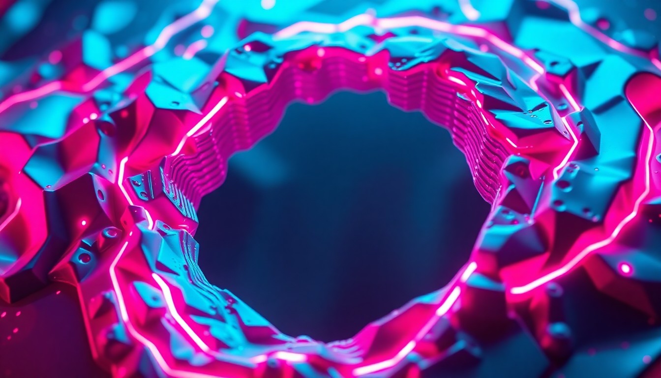 A highly detailed, glowing 3D macro illustration of a hyper-realistic digital hole, with neon cyan and magenta lights illuminating the edges and surrounding environment. The hole appears to be a physical, tangible object, but the viewer can sense the digital, cybernetic nature of the scene, conceptually representing the growing challenge of navigating the world of AI-generated content.