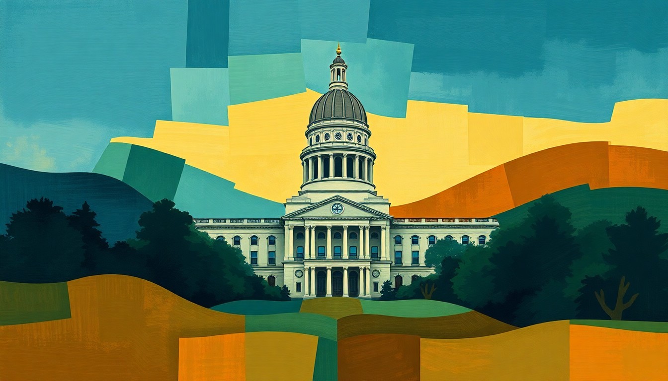 A dynamic, abstract painting featuring overlapping geometric shapes and waves of color representing the Minnesota state capitol building in motion, conveying the fast-paced, high-stakes nature of the legislative process.