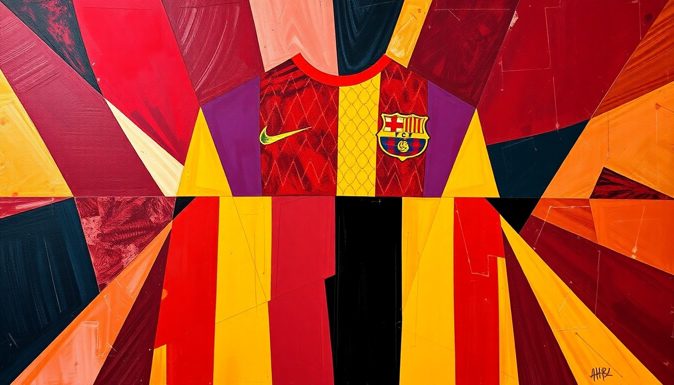 A cubist, geometric painting depicting the various color blocks and patterns of the new FC Barcelona 2026-27 kits, capturing the club's innovative and avant-garde approach to sports fashion.