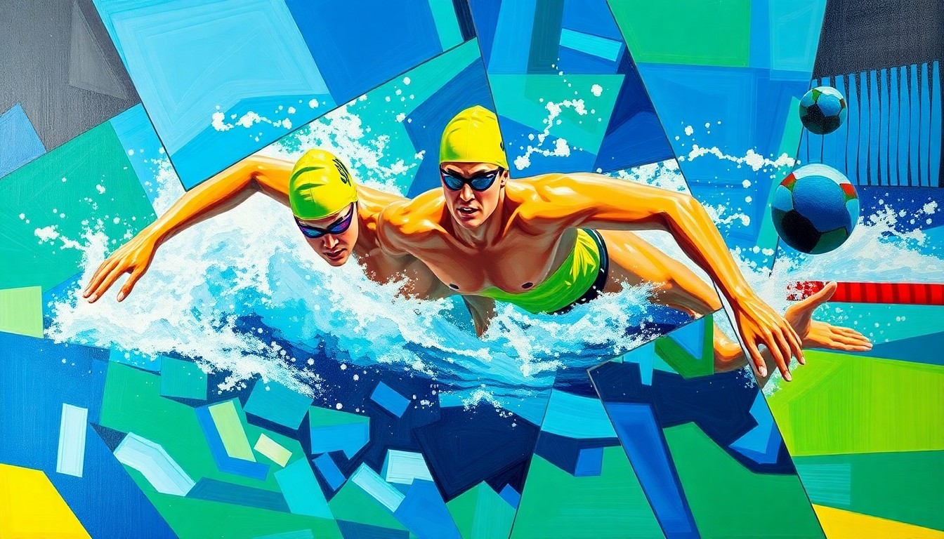 A fractured, cubist-style painting depicting a swimming competition, with overlapping geometric shapes and planes in vibrant colors like blue, green, and yellow, capturing the energy and intensity of the event.