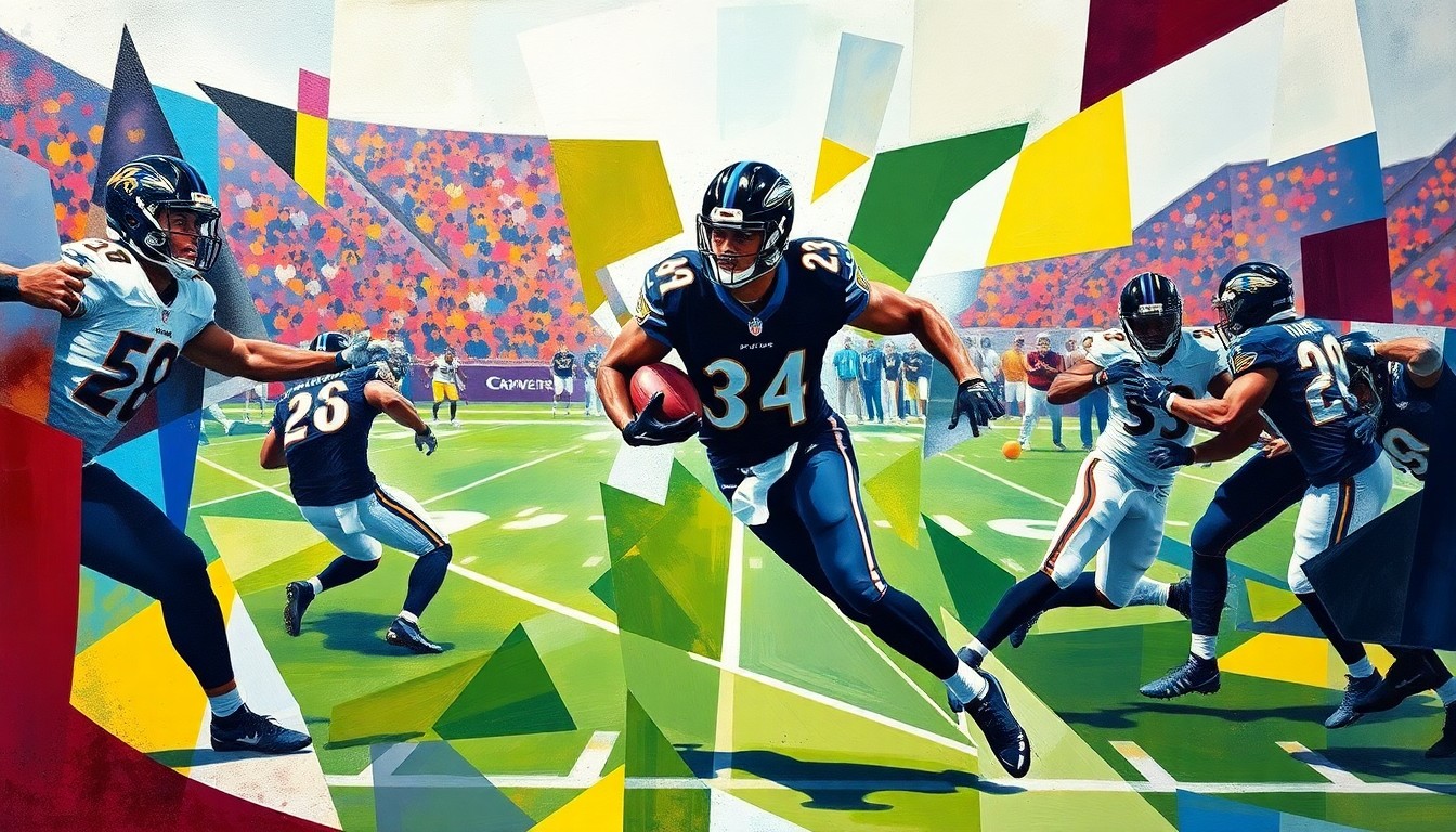 A fractured, geometric painting depicting a football game in motion, with players and the field reduced to abstract shapes and colors, conveying the raw energy and movement of the sport.